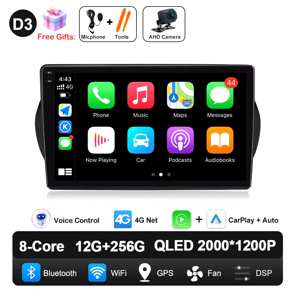 Android 14 For Fiat Fiorino Qubo Citroen Nemo Peugeot Bipper 2008 - 2017 Carplay Auto QLED Screen 4G Car Radio Multimedia Player