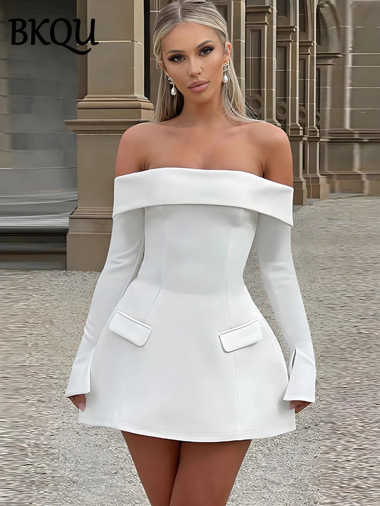 BKQU Elegant Off Shoulder Long Sleeve Mini Dress Women Sexy Strapless Backless Slim A-Line Short Dress Lady Chic Party Vestidos