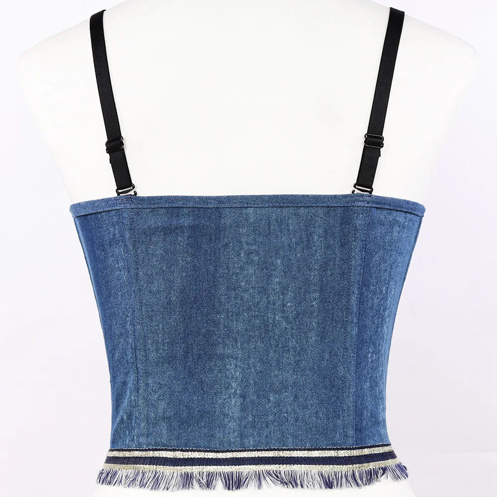 Irene Tinnie Sexy Cute Hole Cartoon Decoration Push Up Bustier Women's Denim Bralette Cropped Top Vest Plus Size
