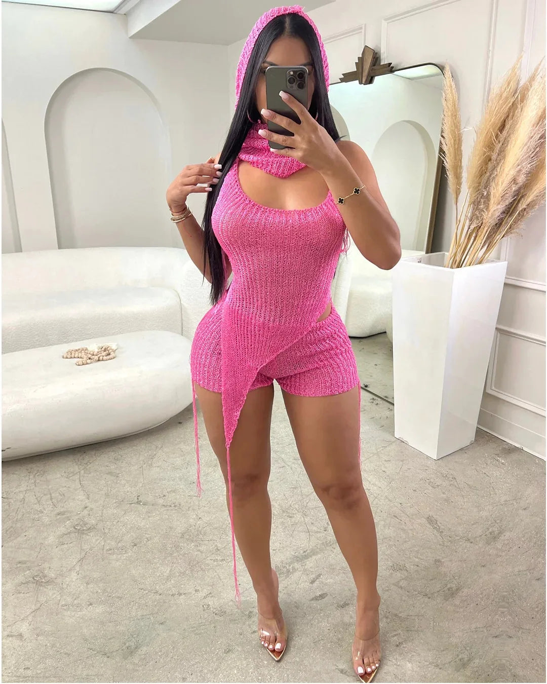 Joskaa Sequins Knit Beach 3 Piece Sets Women Sexy Backless Halter Irregular Top+Head Scarf+Shorts Matching Set Vacation Outfits