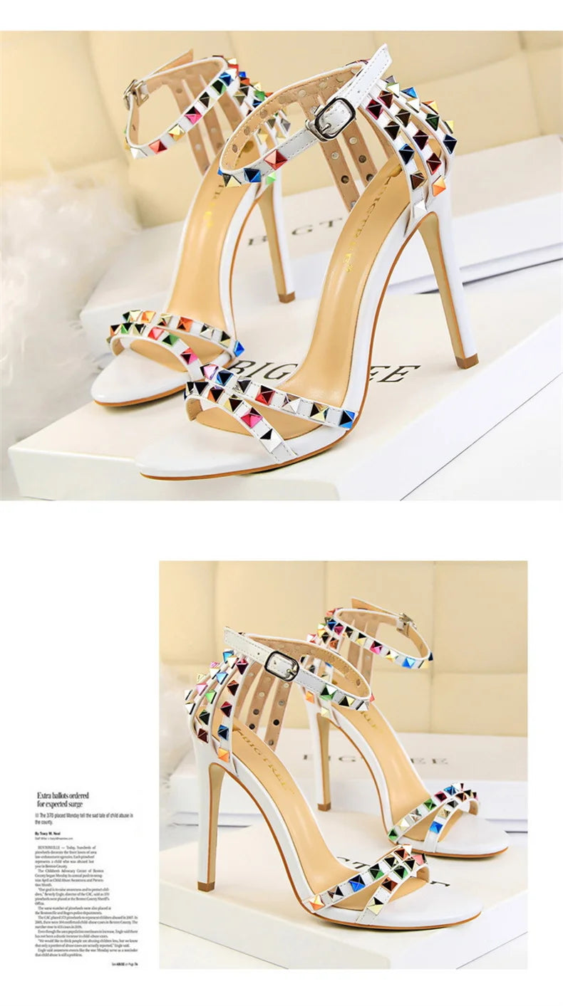 Summer Women Roman High Heels Rivets Studded Sandals Stiletto Gladiator Pumps Open Toe Luxury Shoes Hollow One-word Buckle 267-2
