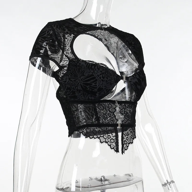 FAGADOER Sexy Lace See Through 2 Piece Sets Woman Outfit Hollow Out Crop Top + Flare Pants Female Y2K Streetwear Summer Spring