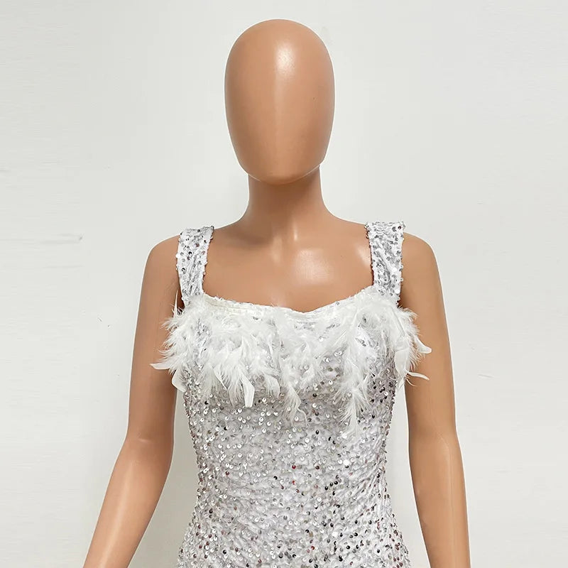 Spring And Summer Women's Clothing MINI Short Solid Color New Wind Sequins Halter Beach Dress One-word Shoulder Feathers Spice G