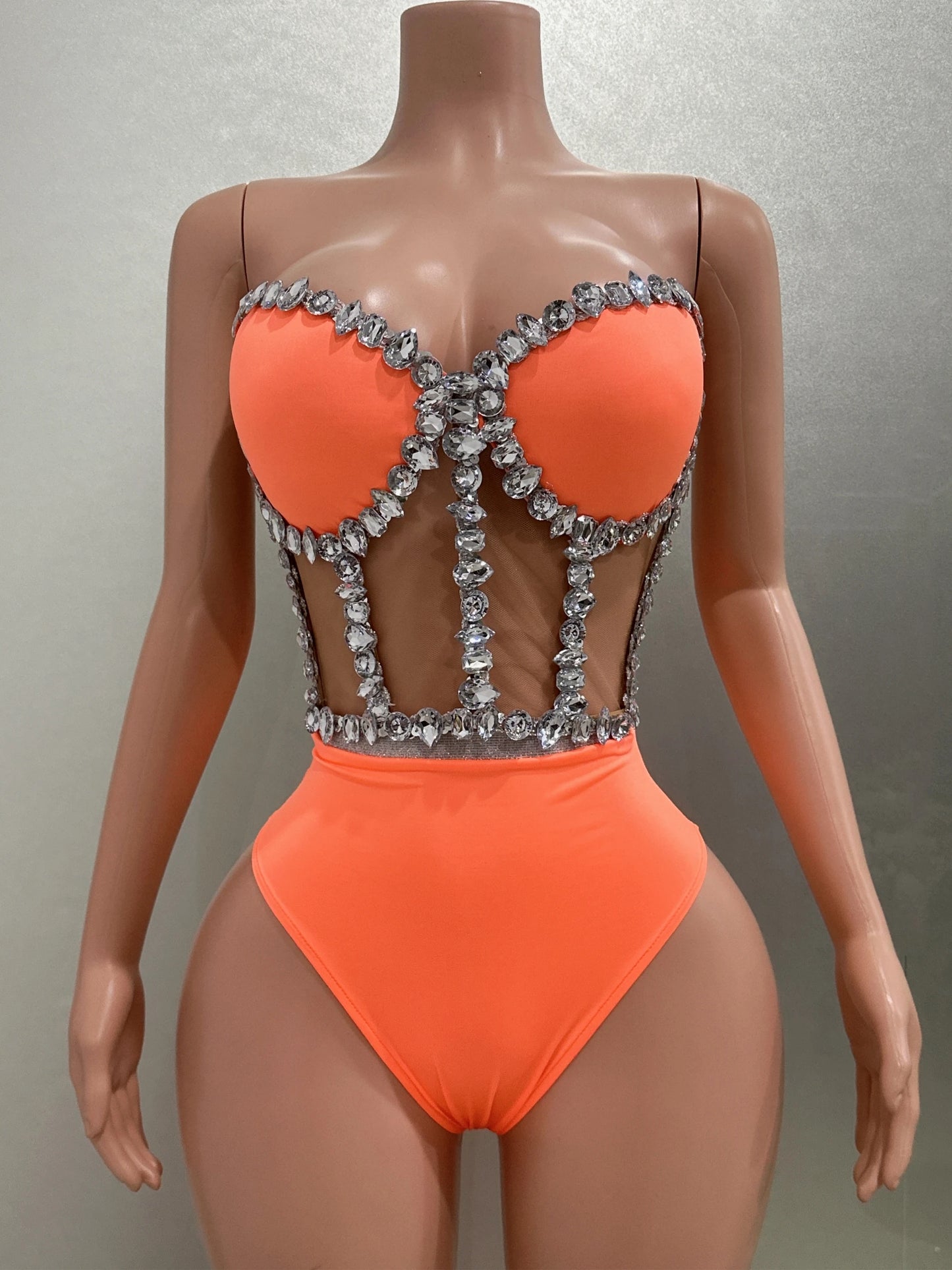 Sexy See-Through Strapless Rhinestone Tops Zipper Jacket High-waisted Shorts 3-Pieces Sets Party Nightclub Perfprmance Costume