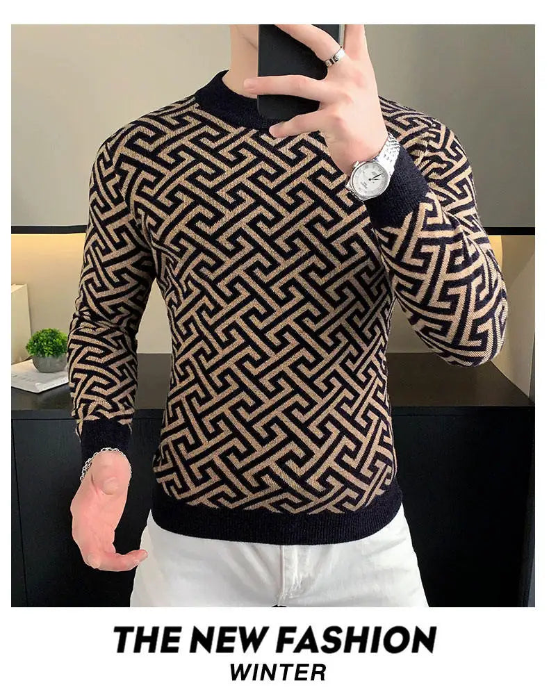 Autumn Winter Velvet Knitted Sweater Men's Long Sleeve Round Necked Sweater Slim Fit Casual Business Knitwear Tops Men Clothing