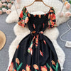 YuooMuoo Fashion Summer Flower Print Long Dress Women Vintage Square Neck Ruched Chest Sash Bandage Sundress Party Vestidos