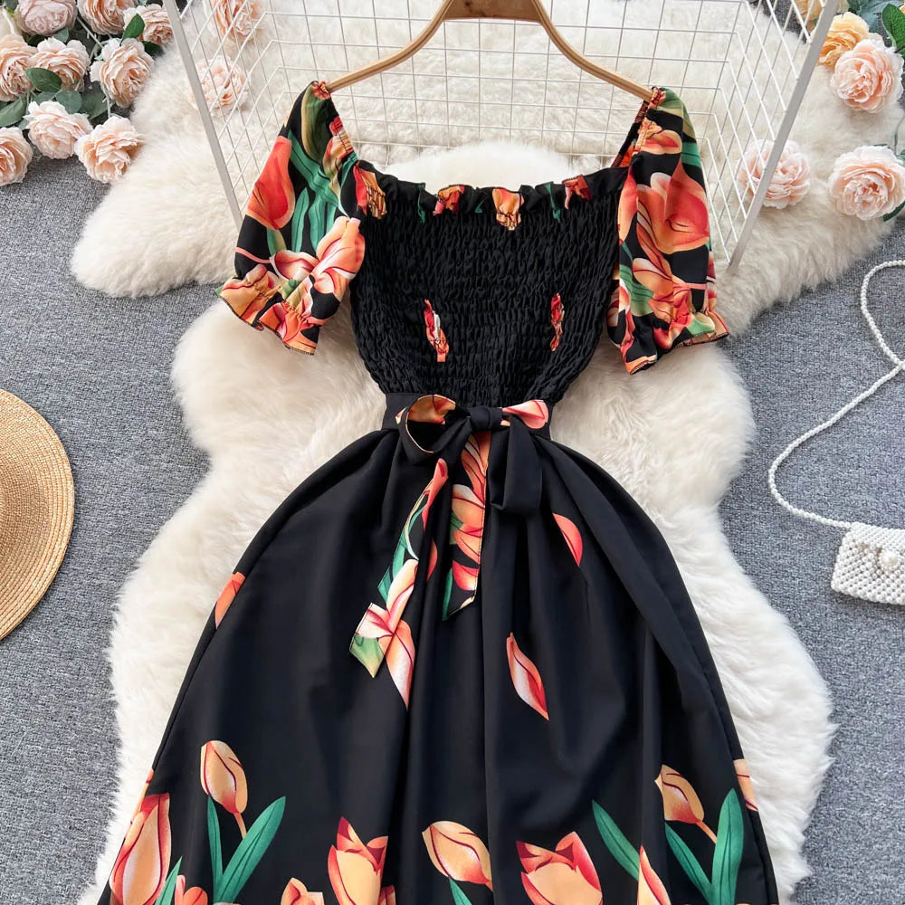 YuooMuoo Fashion Summer Flower Print Long Dress Women Vintage Square Neck Ruched Chest Sash Bandage Sundress Party Vestidos