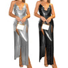Glitter Metal Sequins Halter Cowl Neck Open Back Slit Evening Gown for Women Sparkling Rave Nightclub Bodycon Long Dress
