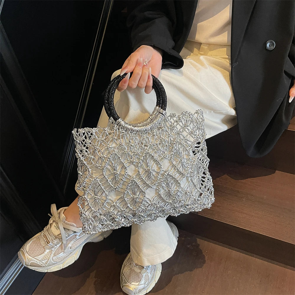 MOODS Handmade Woven Design Round Handle Handbags For Women Eco-friendly Craft Paper Hollow-out Luxury Designer Top-handle Bags