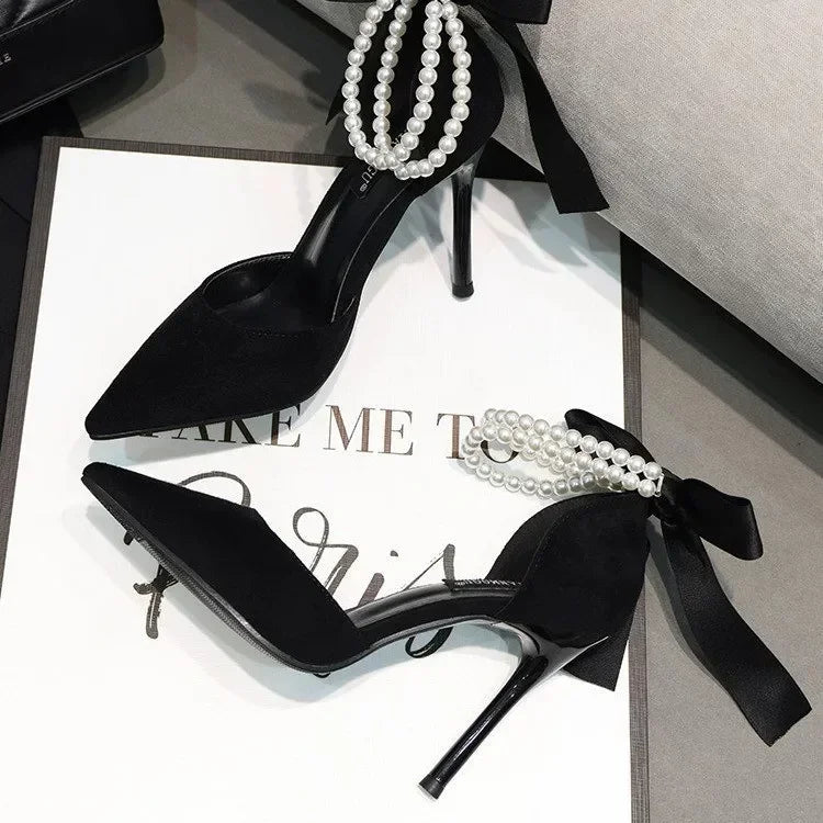 Comemore 2024 Summer  Bow Black High Heel Sandals Lace-up Solid Ladies Shoes Fashion Thin Heels Buckle Women's Sandals banquet