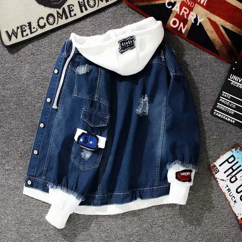 Autumn New Men's Fashionable Casual Street Hip-hop Denim Jacket Fake Two-piece Hooded Single Breasted Slim Fit Denim Jacket