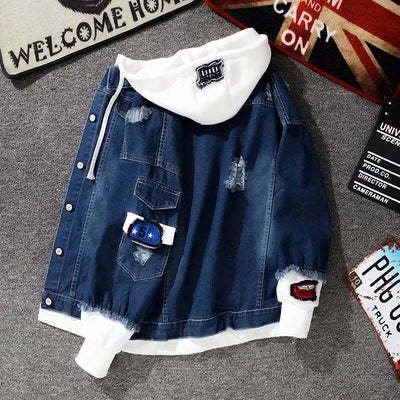 Autumn New Men's Fashionable Casual Street Hip-hop Denim Jacket Fake Two-piece Hooded Single Breasted Slim Fit Denim Jacket