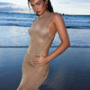 kliou Shiny Long Dress Stunning Women Solid Summer Thin Mesh Sheer Backless Sleeveless Bodycon Female Elegant Fashion Vestidos