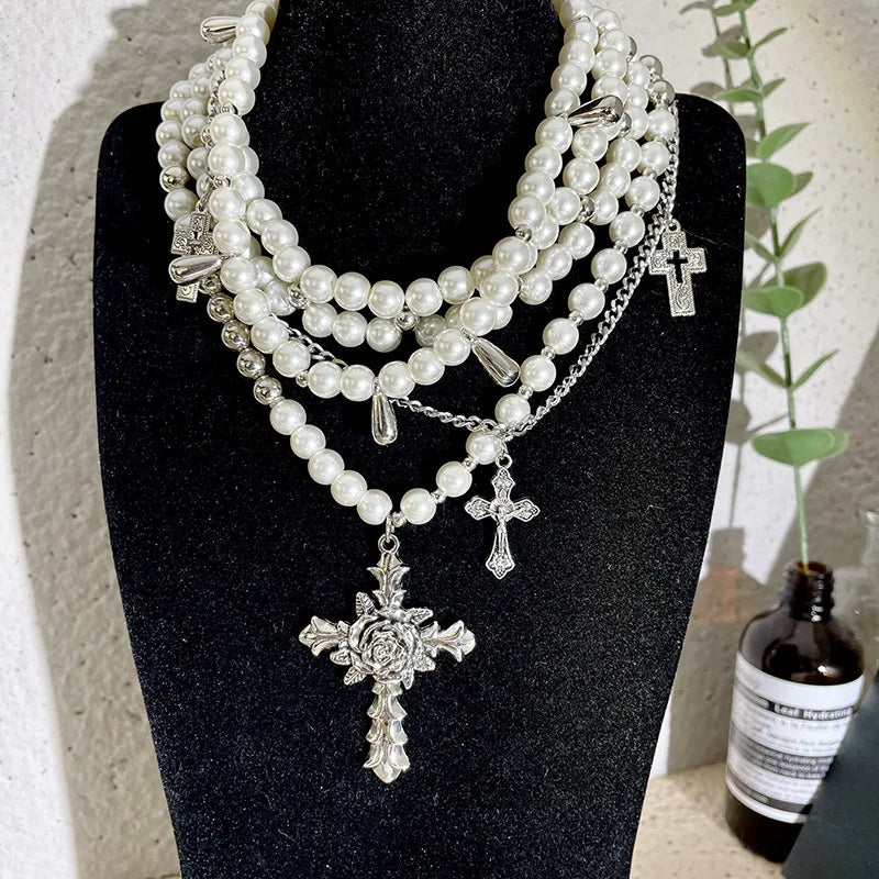Goth Rose Flower Imitation Pearl Bead Cross Pendant Necklace for Women Multilayer Pearl Chains Aesthetic Vintage Luxury Jewelry