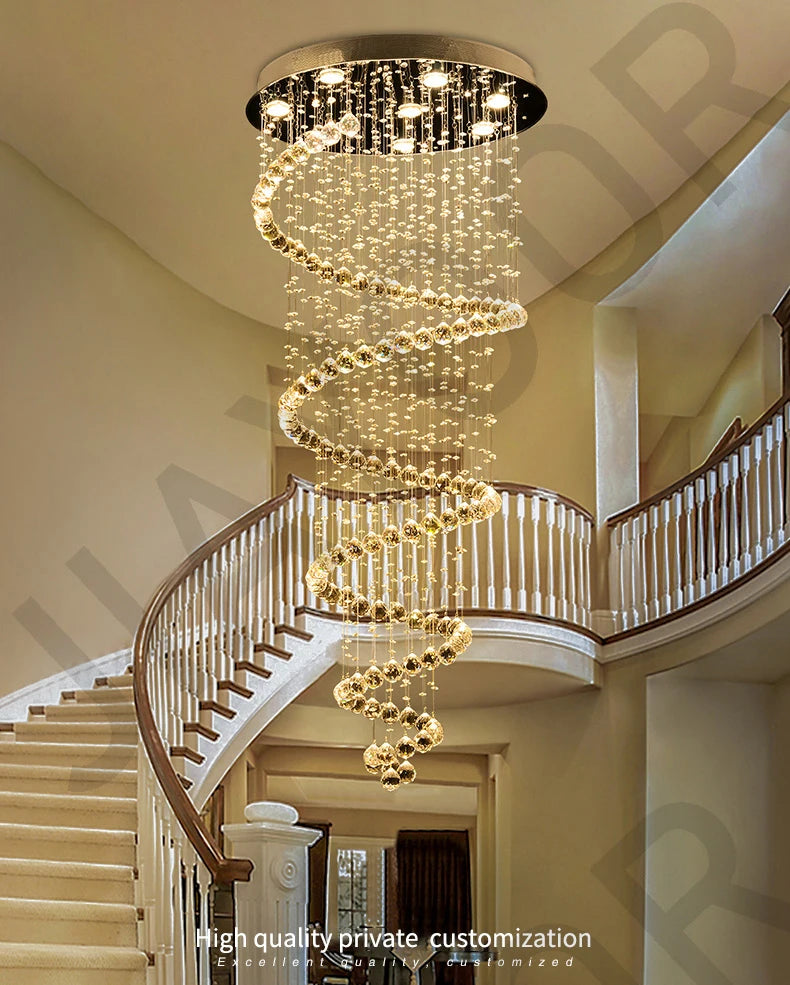 Staircase Long Pendant Lamp, Villa Lamp, Crystal Hanging Line Lamp, Duplex Living Room Spiral Lamp, Glass Romantic Decorative La