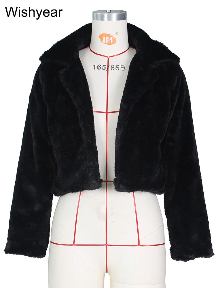 Fashion Faux Fur Open Stitch Lapel Crop Jackets Women Clothing Autumn Winter Solid Long Sleeve Warm Furry Fluffy Coat Outer Wear