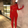 Sibybo Off Shoulder Long Sleeve Jumpsuits Women Fashion Rhinestones High Stretch Hollow Out Sexy Overalls Sparkly Party Rompers
