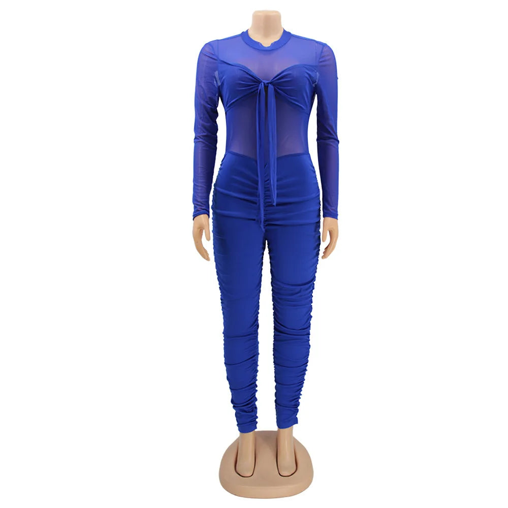 Sexy Mesh Patchwork Jumpsuits for Women Elegant Long Sleeve Bandage One Piece Party Long Bodysuit