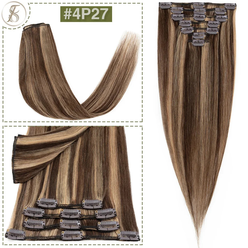TESS 7Pcs/Set Human Hair Clip In Hair Extensions Natural Extension 14"-24" Full Head Blonde Human Hair Clip Ins Remy Hair Pieces