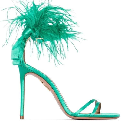 Summer new feather flower silk ribbon sexy open-toe sandals thin high-heeled banquet dress fashionable large-size women's shoes