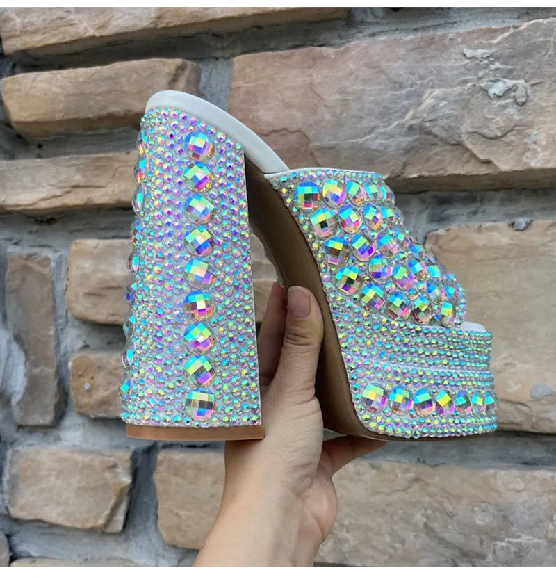 Luxury Handmade Full Rhinestones Platform Wedges Women Slippers Sandals Fashion Summer High heels Mules Slides Chunky Shoes