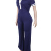 Beyprern Women's Turn-Down Collar Patchwork Wide Legs Jumpsuits Fashion Short Sleeve Stretchy Fitted Overall Night Club Outfits