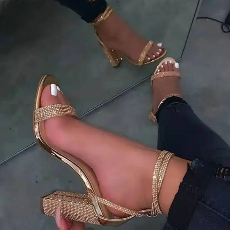 Shiny Gold Rhinestones Chunky Heels Sandals Women Sexy Cross Ankle Strap Silver High Heels Summer Party Dress Shoes Ladies Pumps