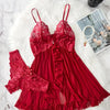 Contrast Lace Ruffle Trim Lingerie Set, Deep V Slip Dress & Thong, Women's Sexy Lingerie & Underwear