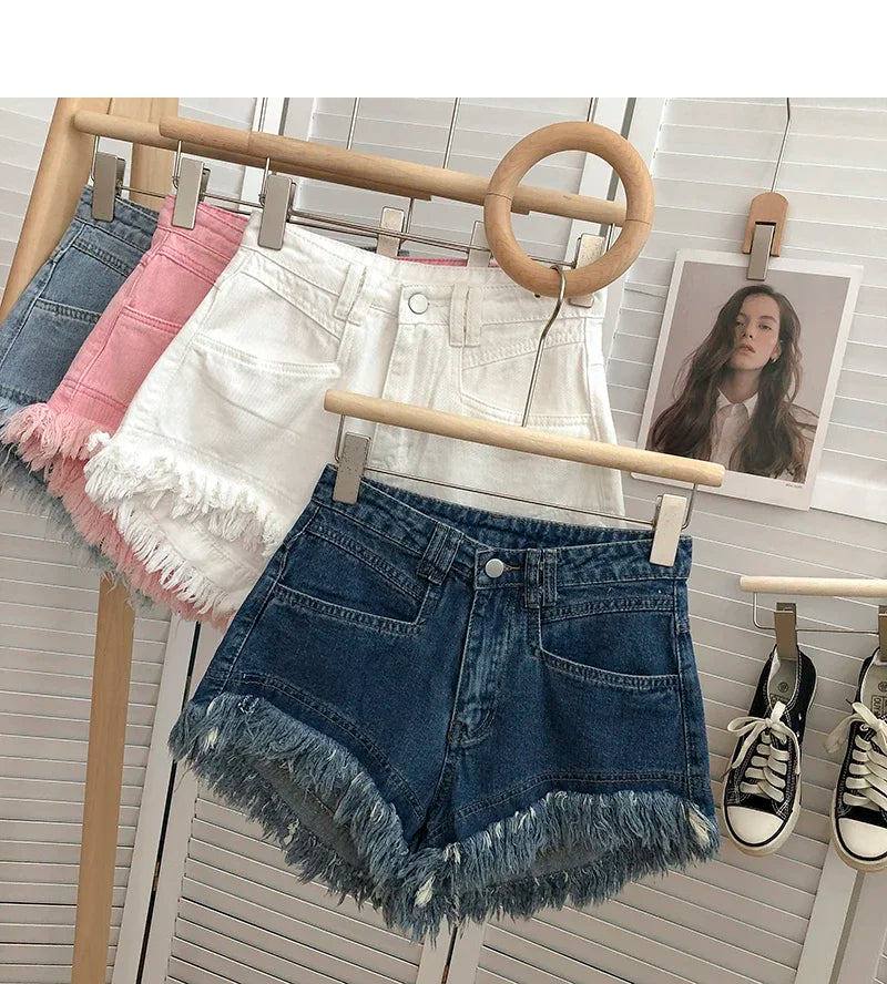 ITOOLIN Women Vintage Tassels Denim Shorts Button Loose High Waist A-line Jean Shorts Casual Women Office Trousers Streetwear