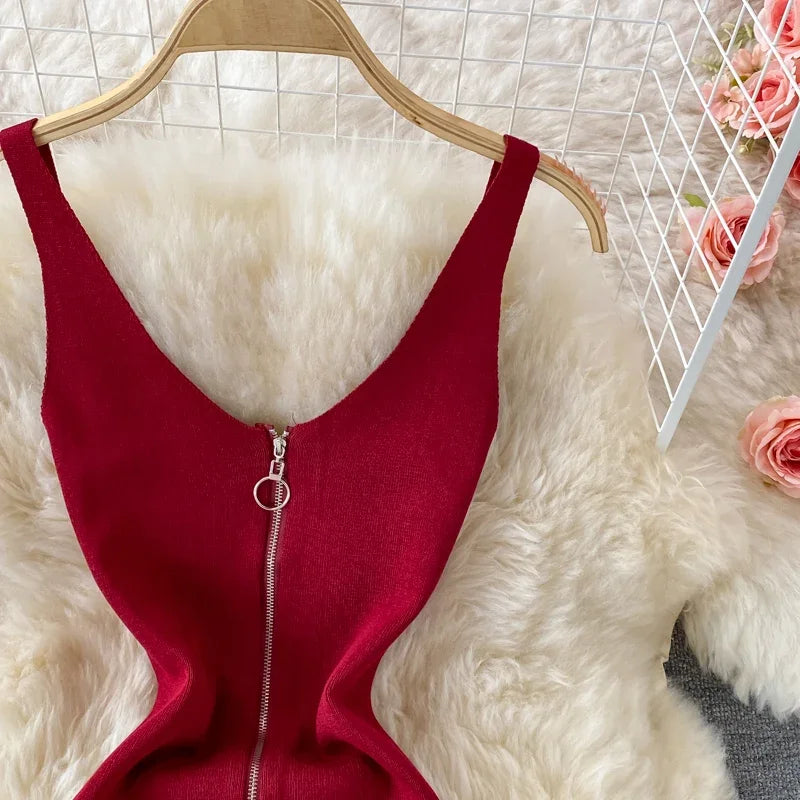 Zipple  2023 Sexy Summer Knit Strap Dress Women Tank Elatic Waist Bodycon Sundress Female Beach Split Backless Midi Dress