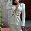 Modphy Red Sexy V-neck Long Sleeve Jacket+High Waist Flare Pants Blazer Set Women'S 2025 New Hollow Out Designer Two-Piece Set