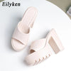 Eilyken Summer Fashion Women's Slippers Banquet Nightclub Platform Chunky High Heels Slide Mule Shoes Green White Sandals