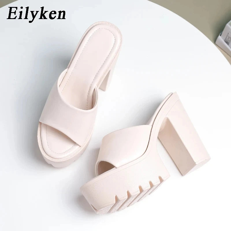 Eilyken Summer Fashion Women's Slippers Banquet Nightclub Platform Chunky High Heels Slide Mule Shoes Green White Sandals