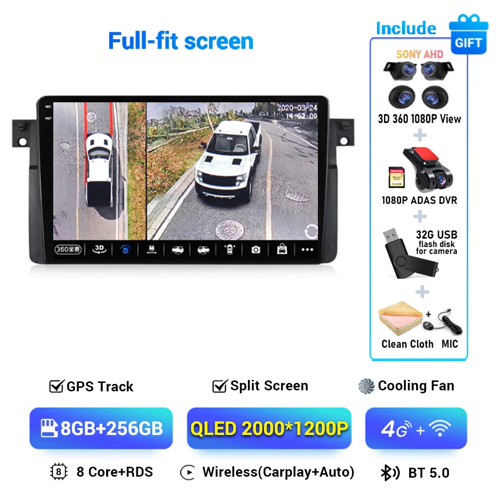 Android 14 Wireless CarPlay Auto for BMW E46 M3 318/320/325/330/335 4G+WIFI Car Radio Multimedia GPS Video Player 360 Camera DSP