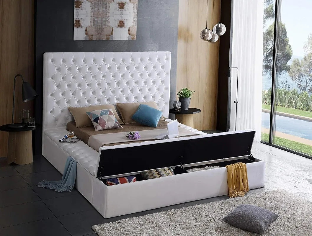 Bliss Collection Modern Contemporary Velvet Upholstered Bed with Deep Button Tufting and Storage Compartments White Queen