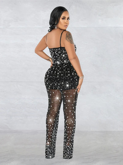 HBLL Women Club Outfits Spaghetti Strap Bodycon Jumpsuits Sparkly Rhinestone Romper Birthday Night Out One Piece Clubwear