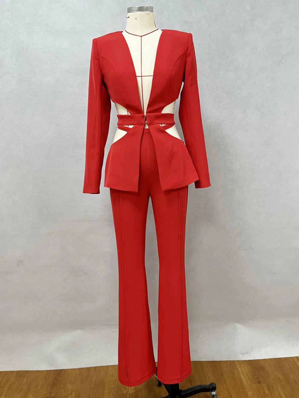 Modphy Red Sexy V-neck Long Sleeve Jacket+High Waist Flare Pants Blazer Set Women'S 2025 New Hollow Out Designer Two-Piece Set