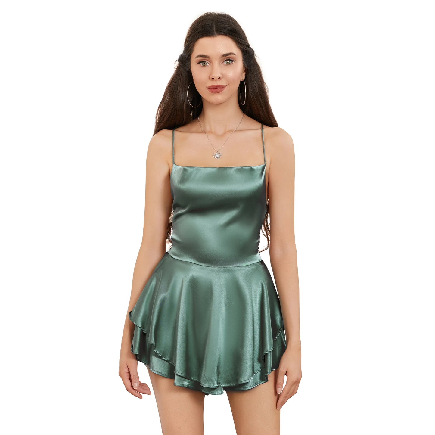 Women Solid Color Cami Playsuits Cowl Neck Sleeveless Short Jumpsuits Summer Cross Tie-Up Backless Satin Romper Clubwear