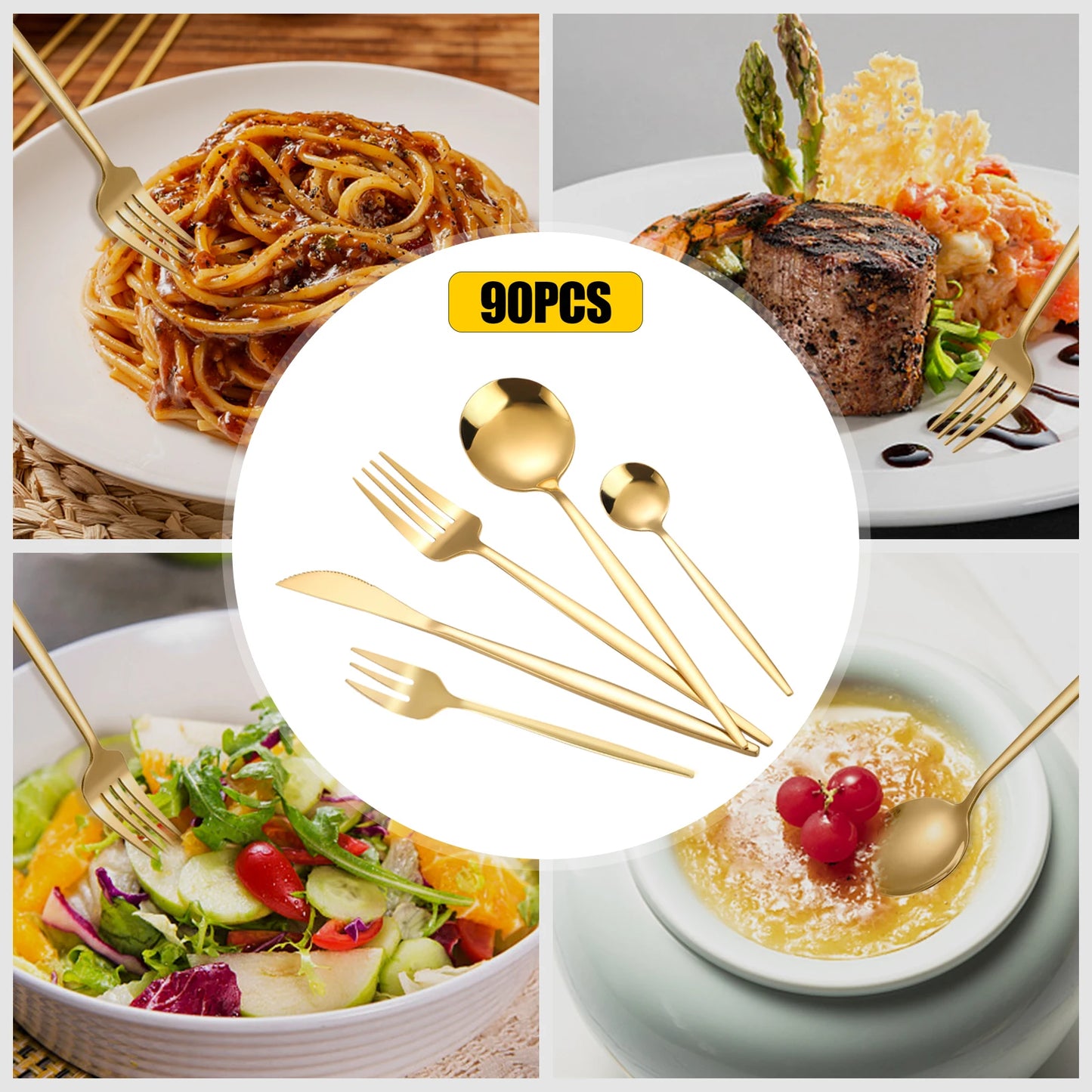24Pcs/90Pcs Flatware Set Stainless Steel Silverware Utensil Kitchen Tableware Forks Knives Spoons Cutlery for Home Restaurant