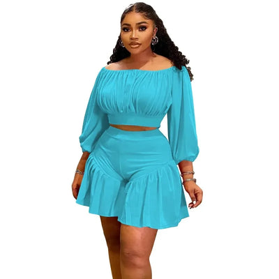 Customized Plus Size Women's Set Long Sleeve Slash Neck T-Shirt and Shorts 2025 Summer Ruched Two 2 Piece Set Outfits Tracksuit