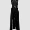2025 Summer Women's Sexy Round Neck Rhinestone Sheer Mesh Sleeveless Jumpsuit with Belt New Fashion Rompers Womens Jumpsuit