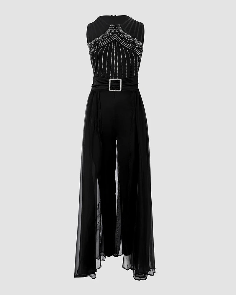 2025 Summer Women's Sexy Round Neck Rhinestone Sheer Mesh Sleeveless Jumpsuit with Belt New Fashion Rompers Womens Jumpsuit