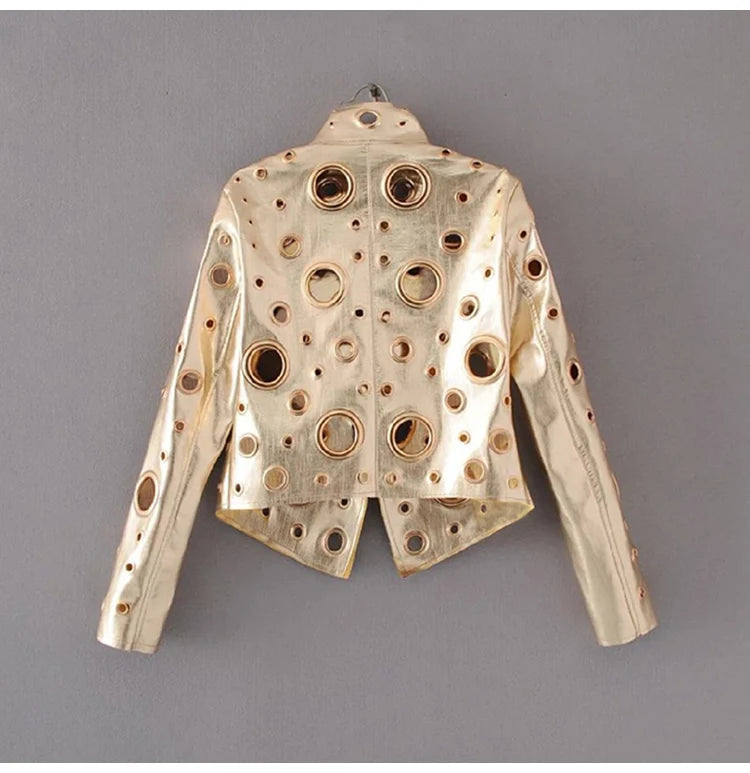 Lautaro Runway Cut Out Short Faux Leather Jacket Golden Rivet Cool Stylish Designer Clothes Women European American Fashion 2022