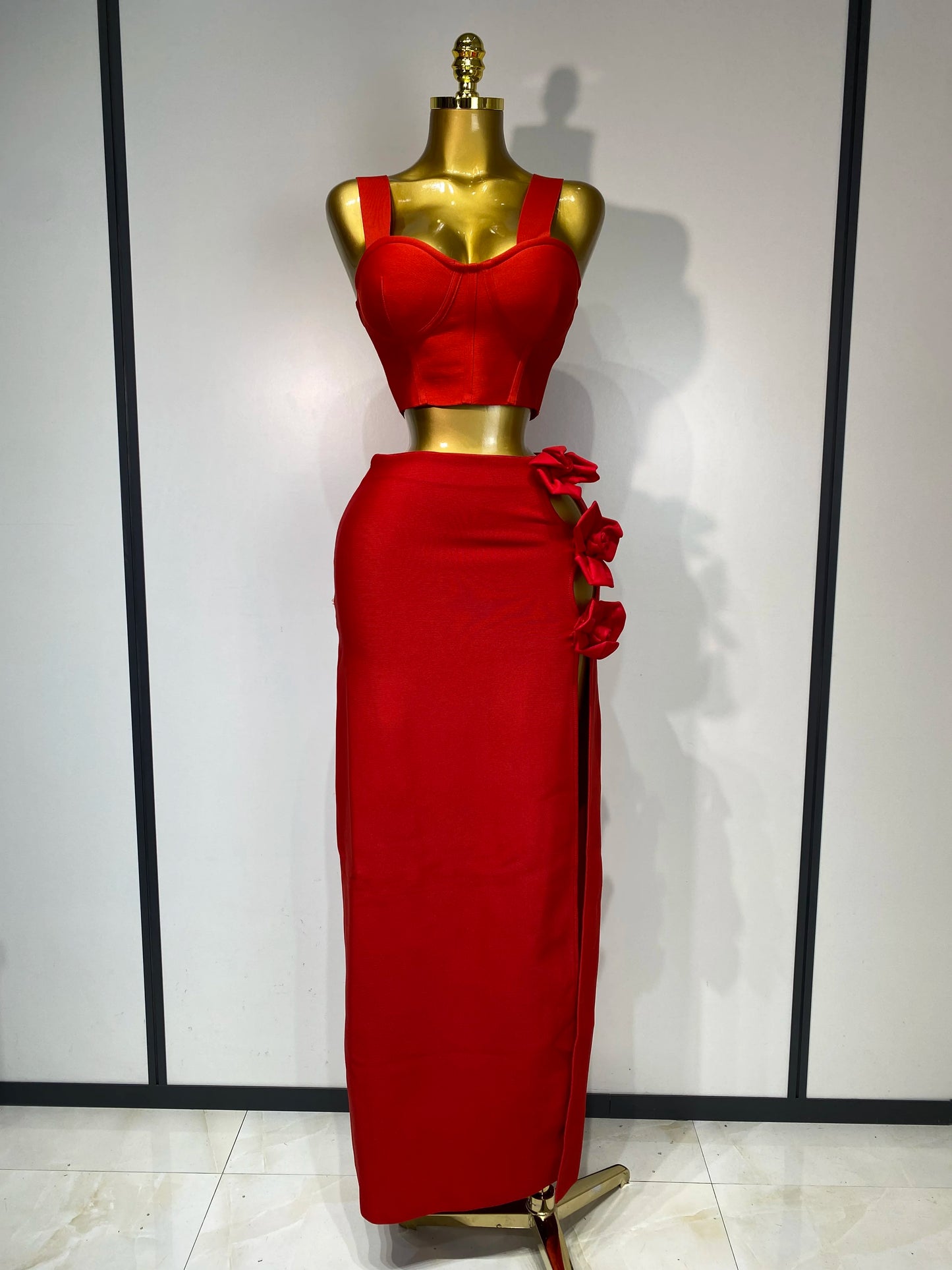 Summer New 2025 Women Sexy Flower Black Red Bandage Two Piece Set Celebrity Evening Party Skirt Suits Luxury Birthday Outfit