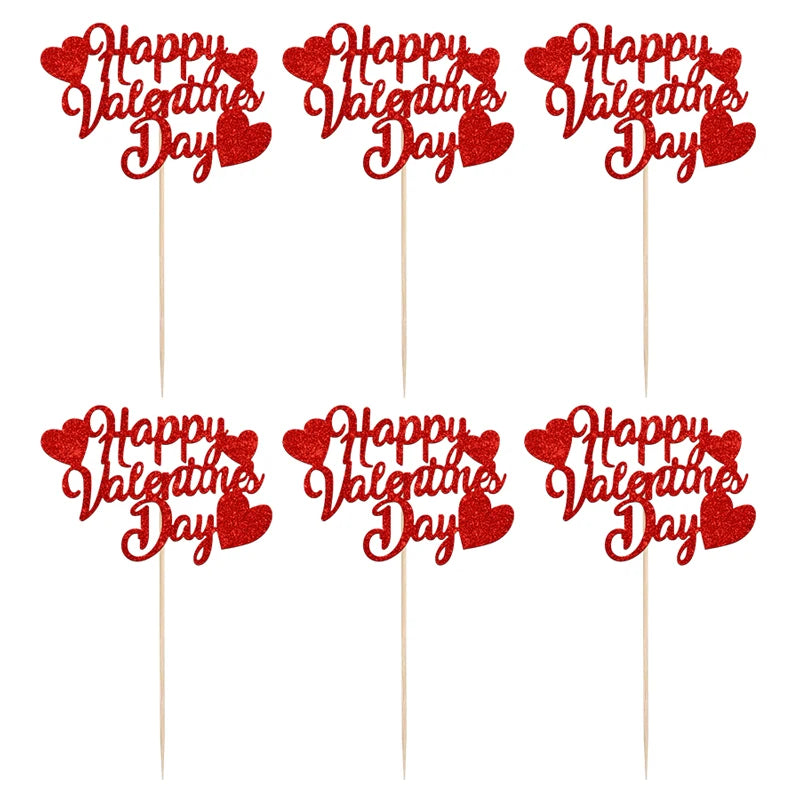 YOMDID 24Pcs Happy Valentines Day Cupcake Toppers Glitter Red Decorations Valentines Day Cupcake Picks Gift for Valentine\'s Day