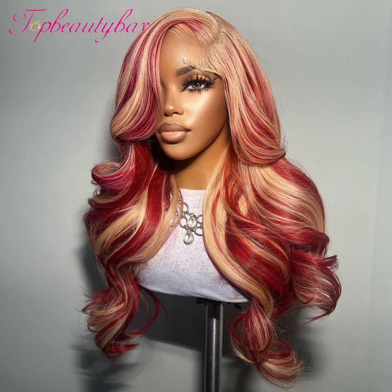 Red and Blonde Color Peruvian 13X4 Lace Front Human Hair Wigs For Women Pre-Plucked 180% Remy Wavy Red Highlight Color Wigs
