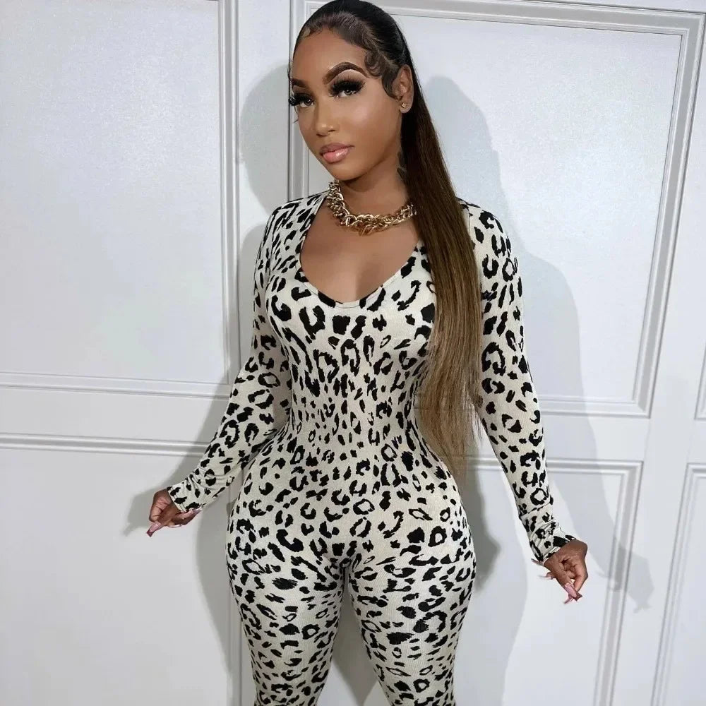 HLJ Sexy Backless Lace Up Leopard Bodycon Jumpsuits Women O Neck Long Sleeve Skinny Pants One Piece Playsuits Fashion Overall