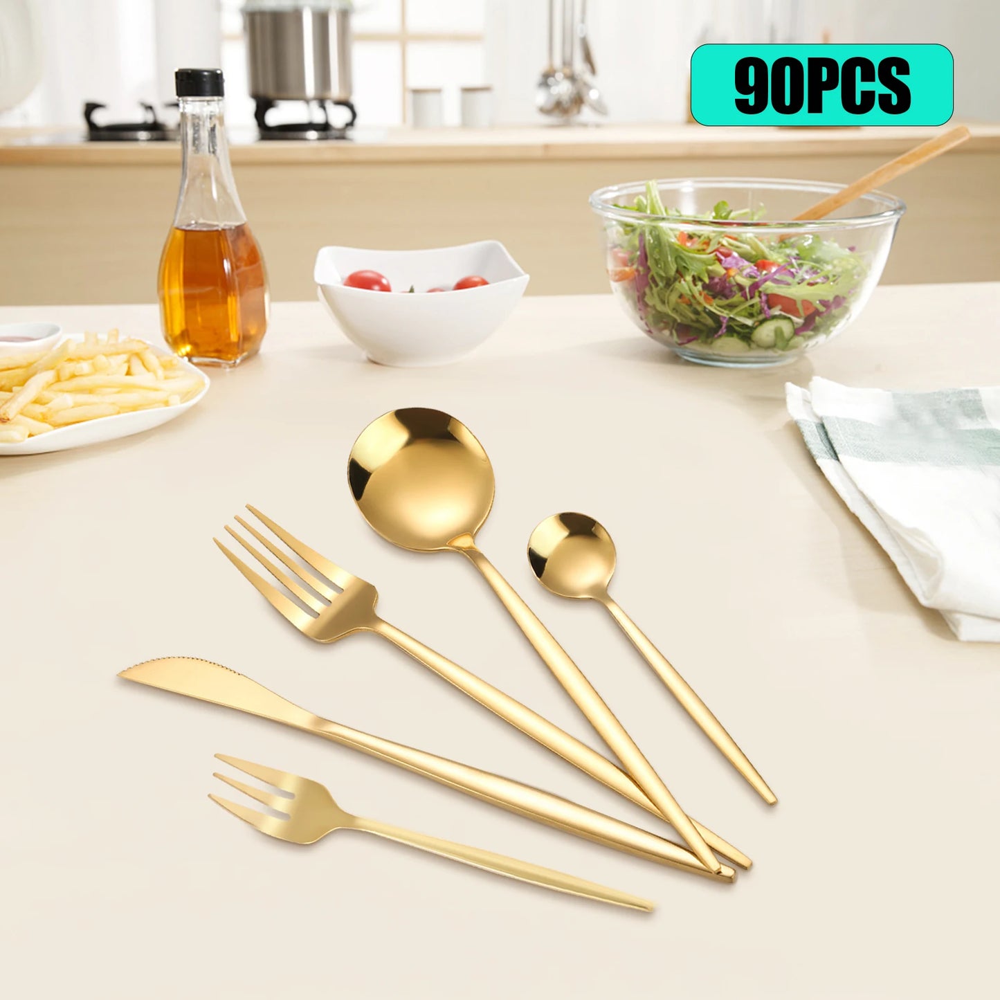 24Pcs/90Pcs Flatware Set Stainless Steel Silverware Utensil Kitchen Tableware Forks Knives Spoons Cutlery for Home Restaurant