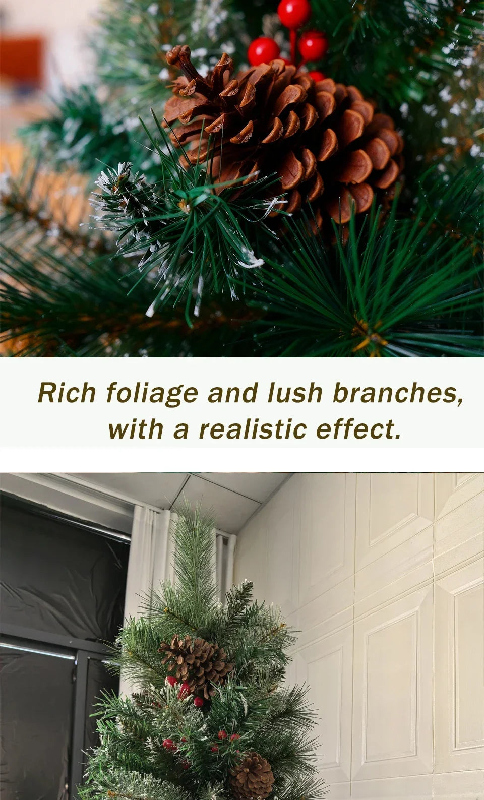 6/7FT Realistic Green Artificial Christmas Tree,Unlit,Decorated with Natural Pinecones & Holly Berries, Quick Setup,Metal Stand