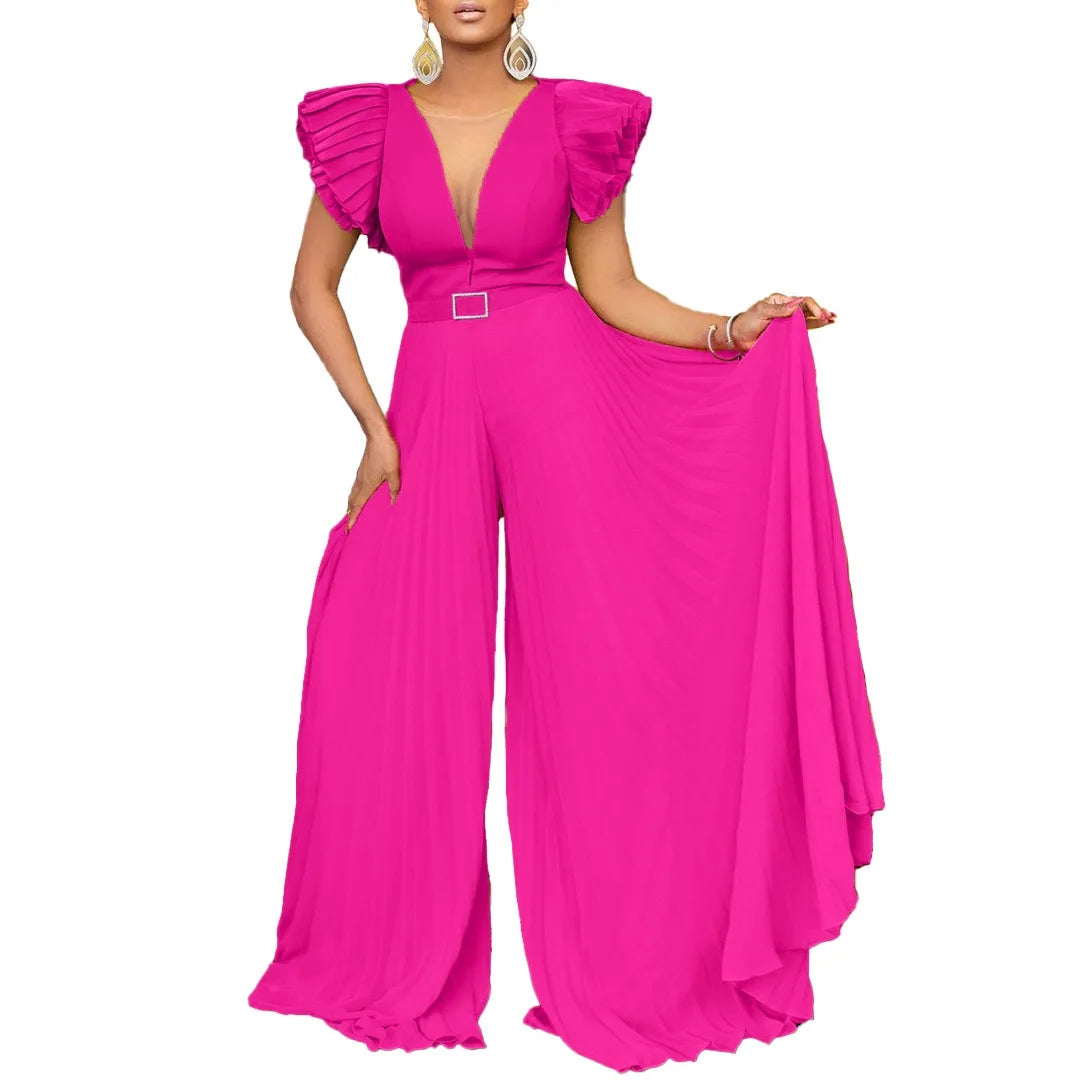 Elegant Pleated Jumpsuits & Rompers for Women V Neck Ruffles Belt Waisted High Waisted Floor Length Luxury Birthday Party Outfit